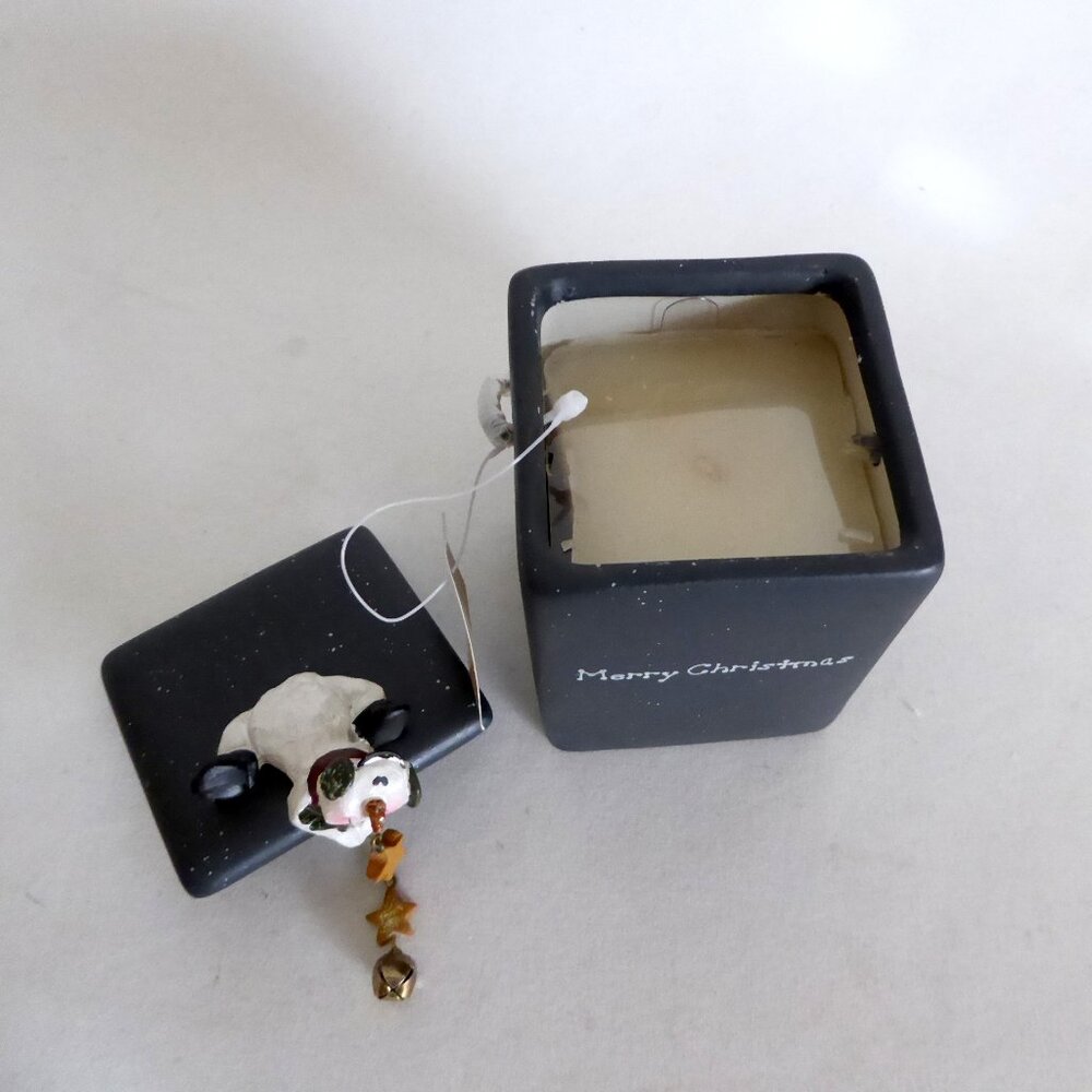 NEW CERAMIC LIDDED MERRY CHRISTMAS SNOWMAN CANDLE HOLDER WITH WOOD HANDLE - Picture 4 of 10